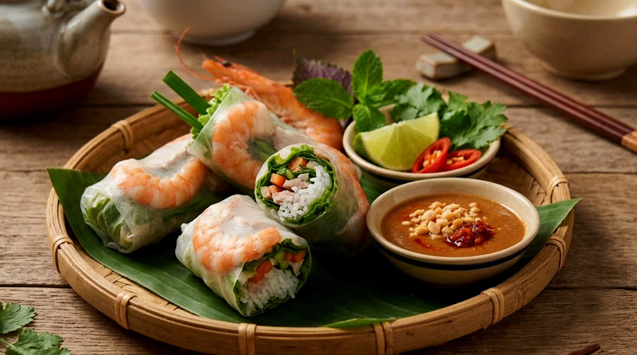 Prawn Rice Wraps with Peanut Sauce